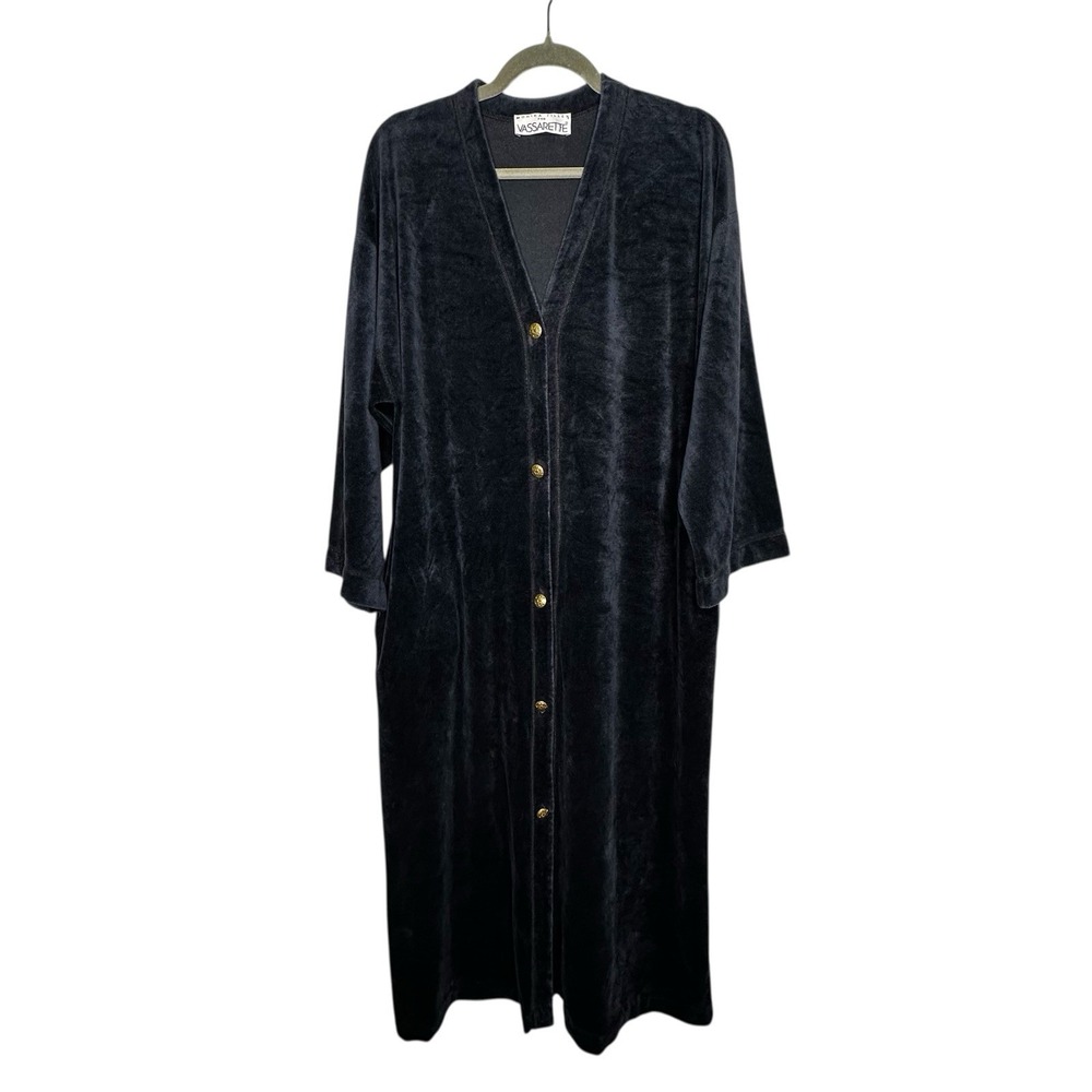 Vassarette Monika‎ Tilley Black Navy Velvet Long Robe Button Front Star Buttons